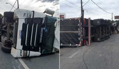 Caminhão tombado no Complexo do Badenfurt pode causar lentidão no trânsito em Blumenau