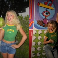 Sabrina Carpenter veste camiseta fabricada em Blumenau durante vinda ao Brasil