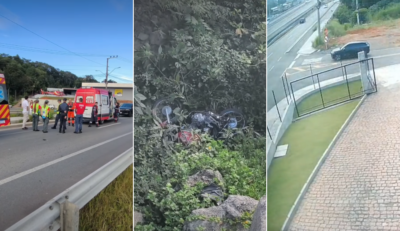 Motociclista fica gravemente ferido após colisão e queda de 3 metros em Blumenau