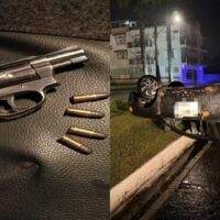 Motorista embriagado capota carro e PM encontra revólver com numeração raspada no veículo, em Timbó