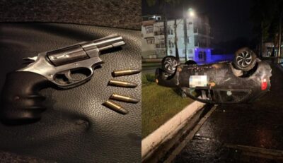 Motorista embriagado capota carro e PM encontra revólver com numeração raspada no veículo, em Timbó