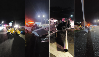 Colisão contra poste deixa motorista preso às ferragens em Blumenau